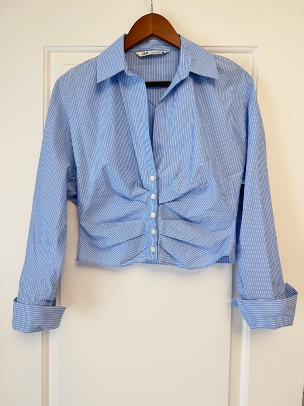 Zara Light Blue Pinstripe Cropped Button-Down Shirt